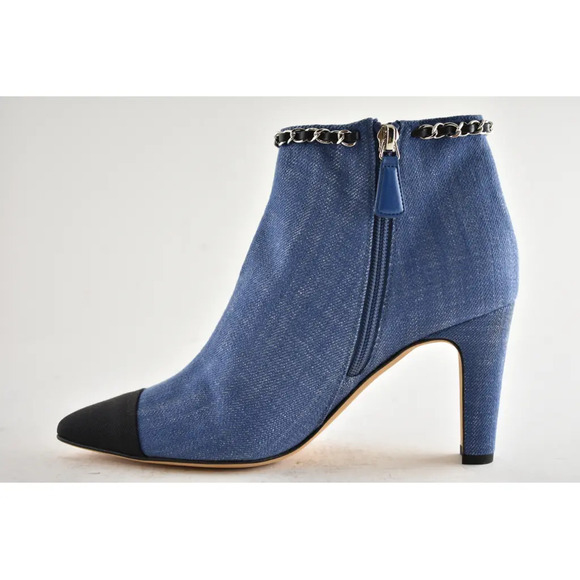 Chanel 20C Blue Denim Fabric Black Chain CC Logo Short Ankle Heel Boot Bootie 38 - Picture 7 of 12